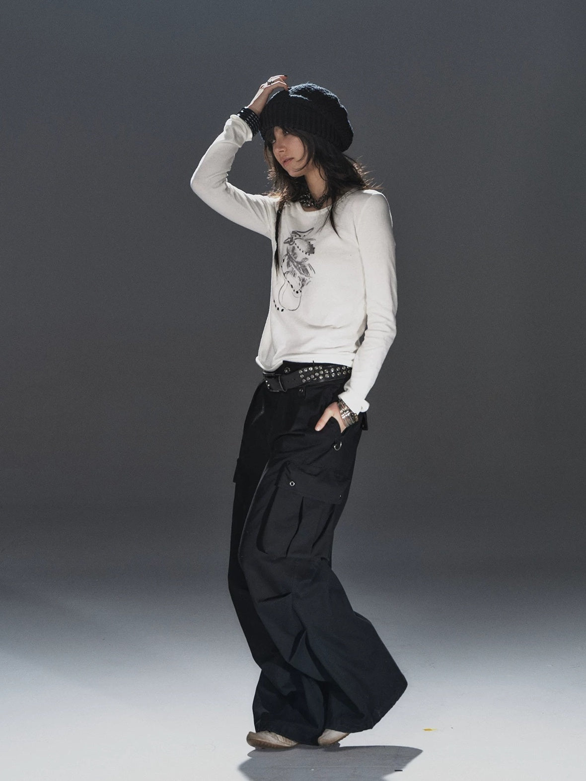 wear And tear Soft Punk Studded Printed Women Slim Long Sleeve Cotton Crew Neck T-Shirt