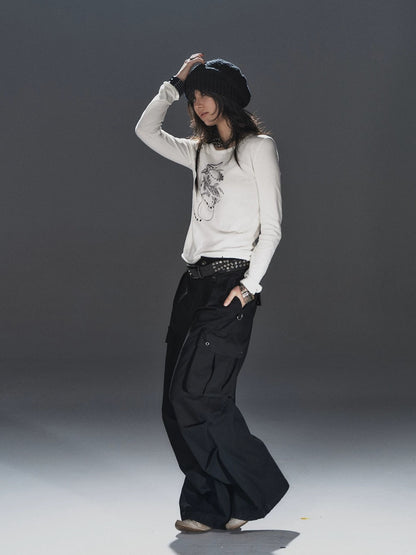 wear And tear Soft Punk Studded Printed Women Slim Long Sleeve Cotton Crew Neck T-Shirt