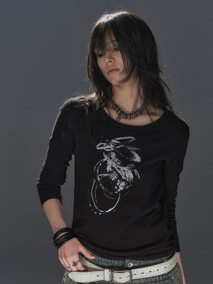 wear And tear Soft Punk Studded Printed Women Slim Long Sleeve Cotton Crew Neck T-Shirt