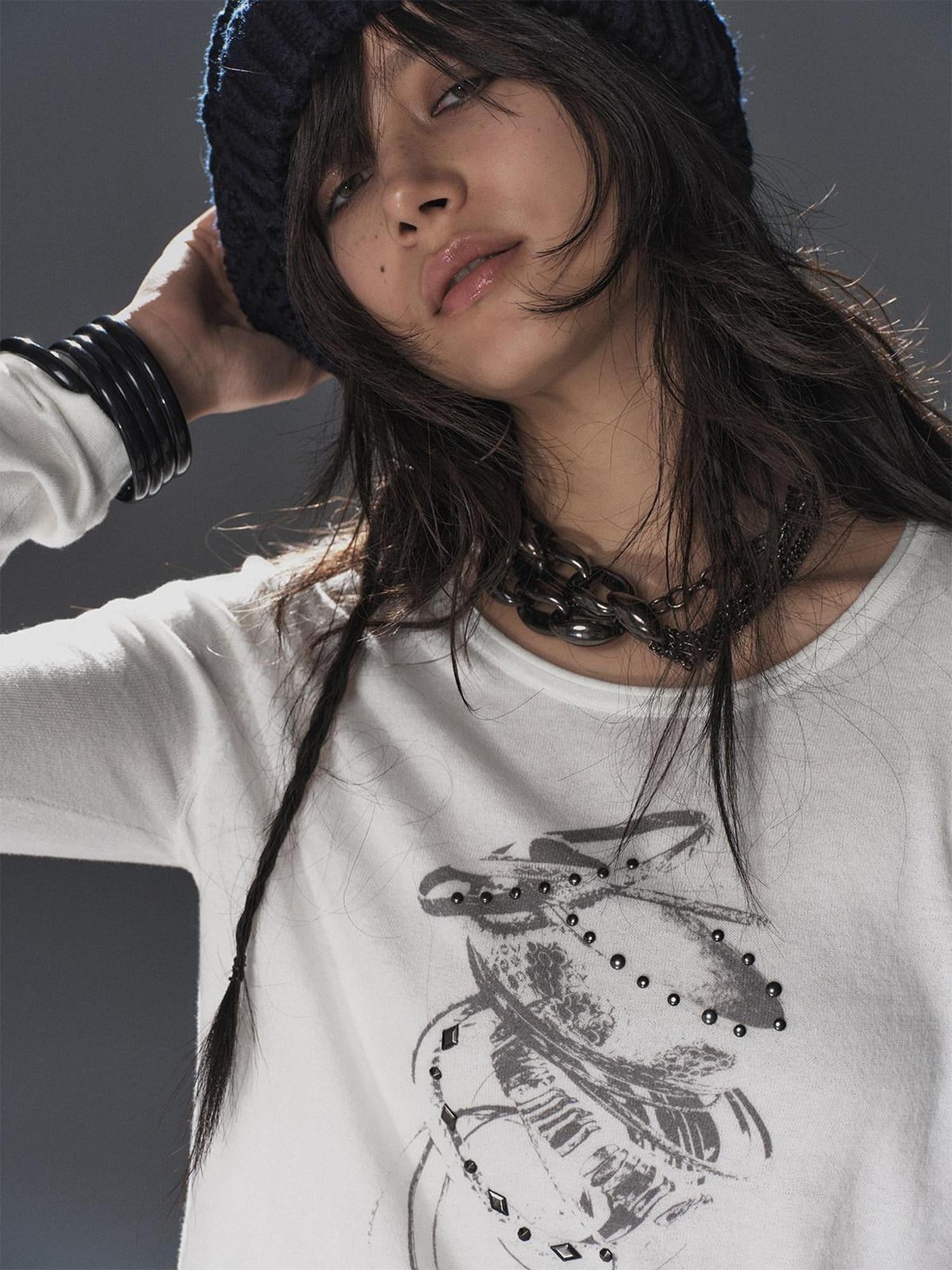 wear And tear Soft Punk Studded Printed Women Slim Long Sleeve Cotton Crew Neck T-Shirt