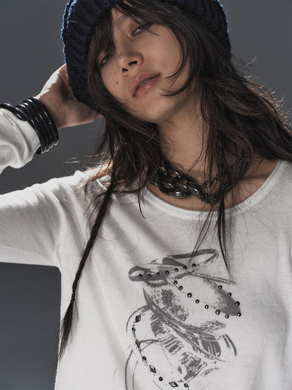 wear And tear Soft Punk Studded Printed Women Slim Long Sleeve Cotton Crew Neck T-Shirt