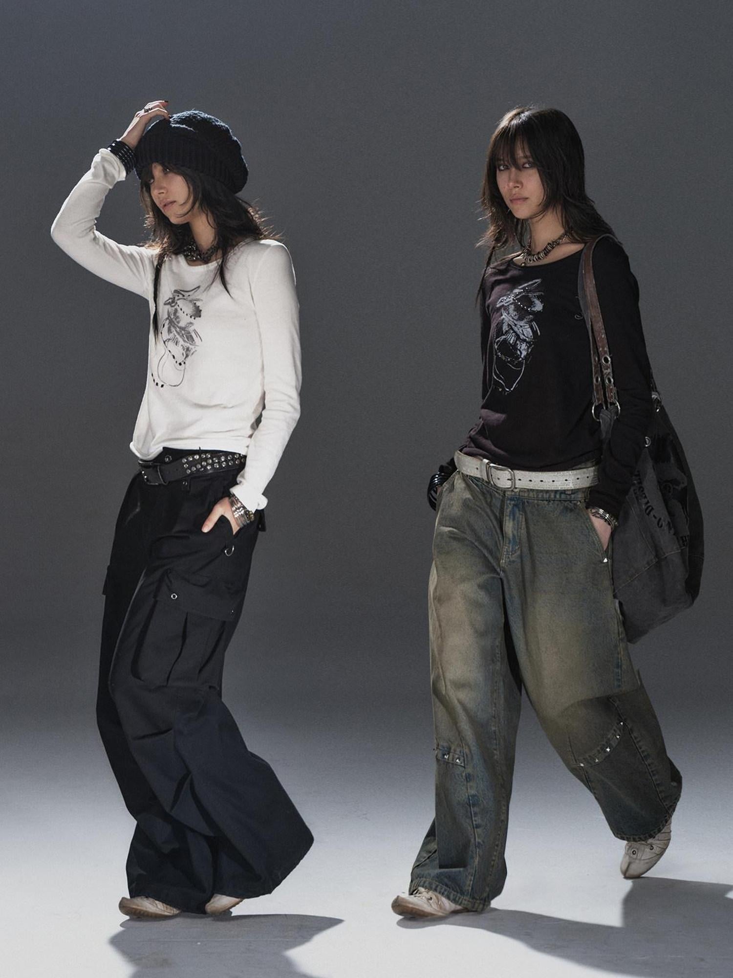 wear And tear Soft Punk Studded Printed Women Slim Long Sleeve Cotton Crew Neck T-Shirt