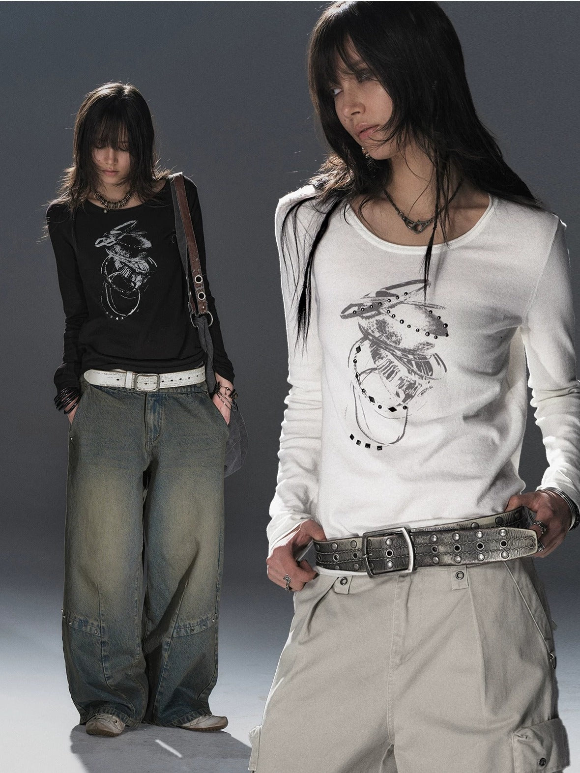 wear And tear Soft Punk Studded Printed Women Slim Long Sleeve Cotton Crew Neck T-Shirt