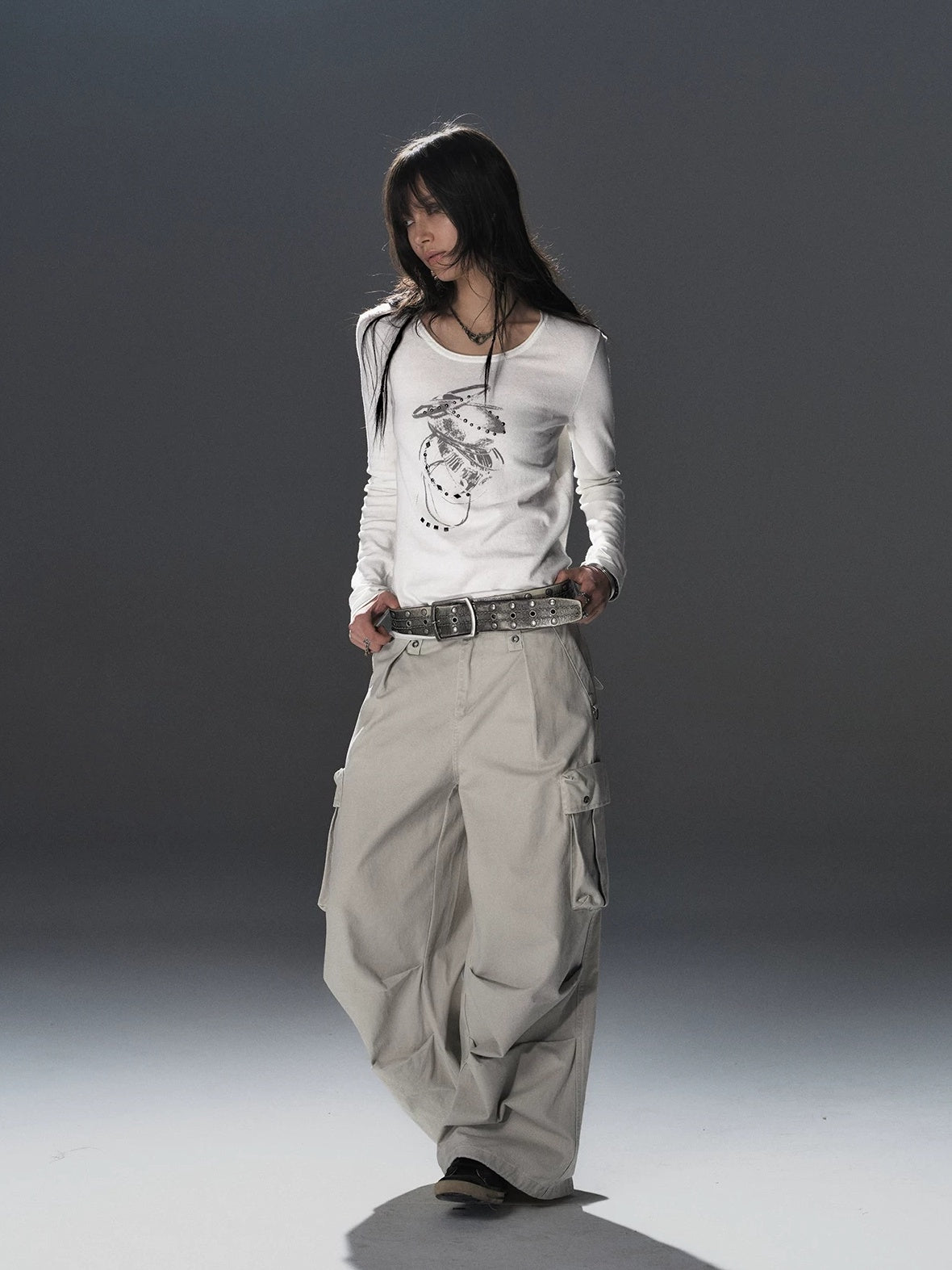 wear And tear Soft Punk Studded Printed Women Slim Long Sleeve Cotton Crew Neck T-Shirt