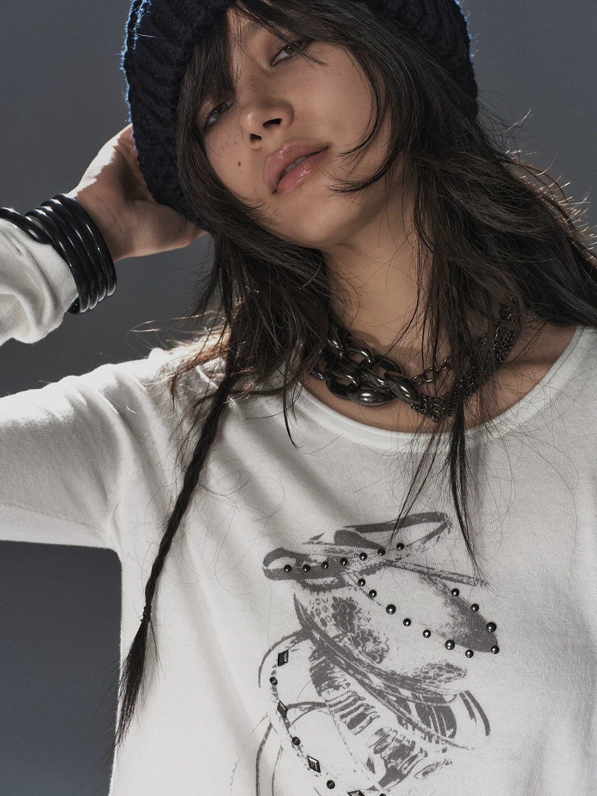 wear And tear Soft Punk Studded Printed Women Slim Long Sleeve Cotton Crew Neck T-Shirt