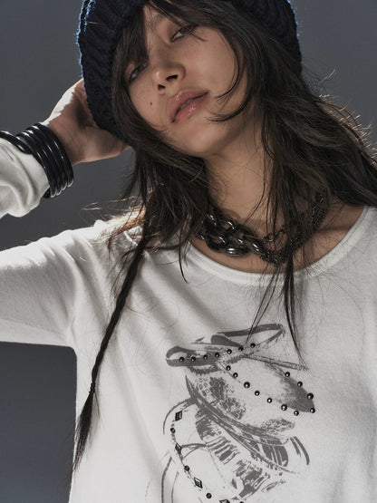 wear And tear Soft Punk Studded Printed Women Slim Long Sleeve Cotton Crew Neck T-Shirt