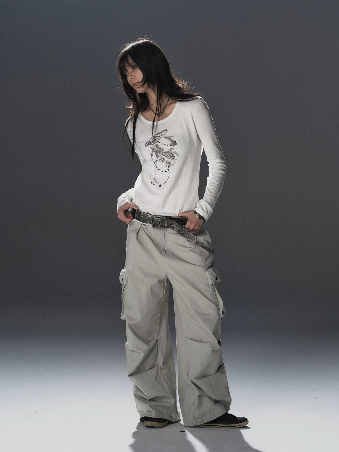 wear And tear Soft Punk Studded Printed Women Slim Long Sleeve Cotton Crew Neck T-Shirt