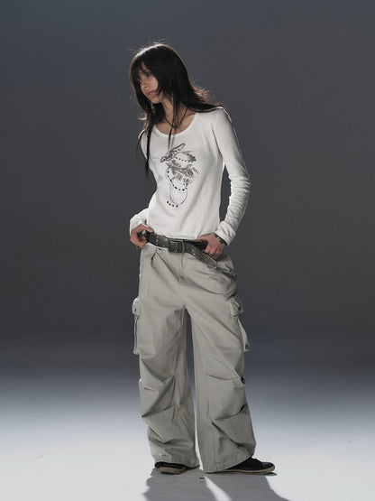 wear And tear Soft Punk Studded Printed Women Slim Long Sleeve Cotton Crew Neck T-Shirt