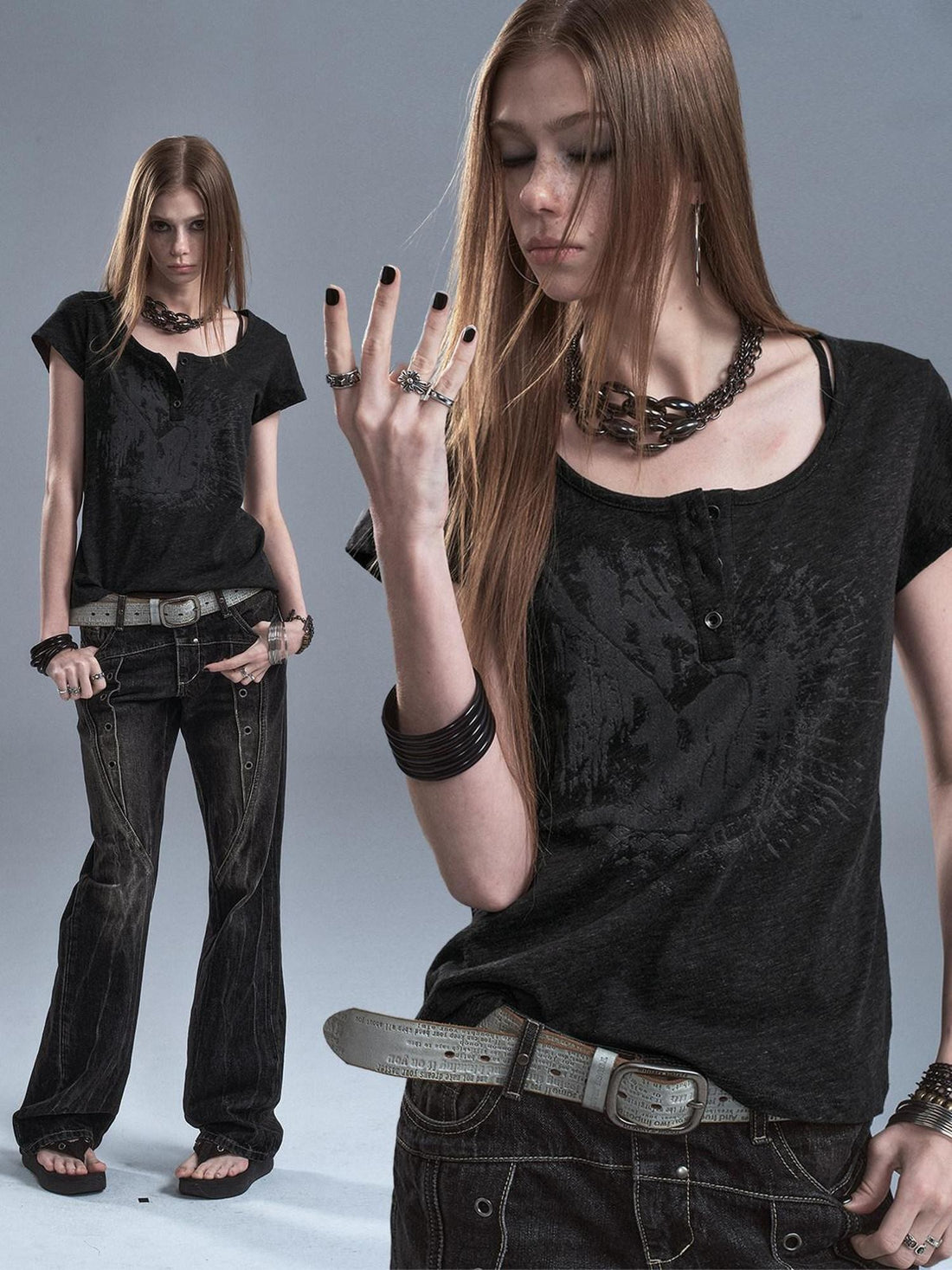 wear And tear Speckled Gray Printed Henley Placket Slim Women&