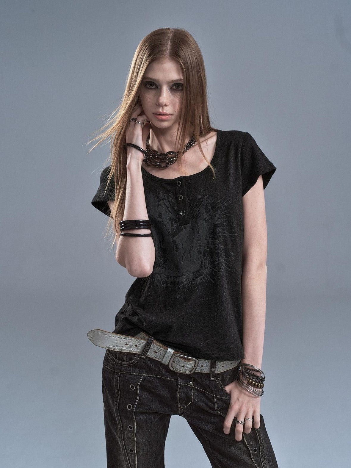 wear And tear Speckled Gray Printed Henley Placket Slim Women&