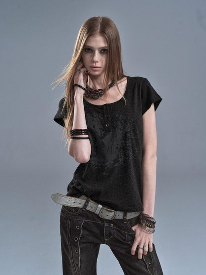 wear And tear Speckled Gray Printed Henley Placket Slim Women&