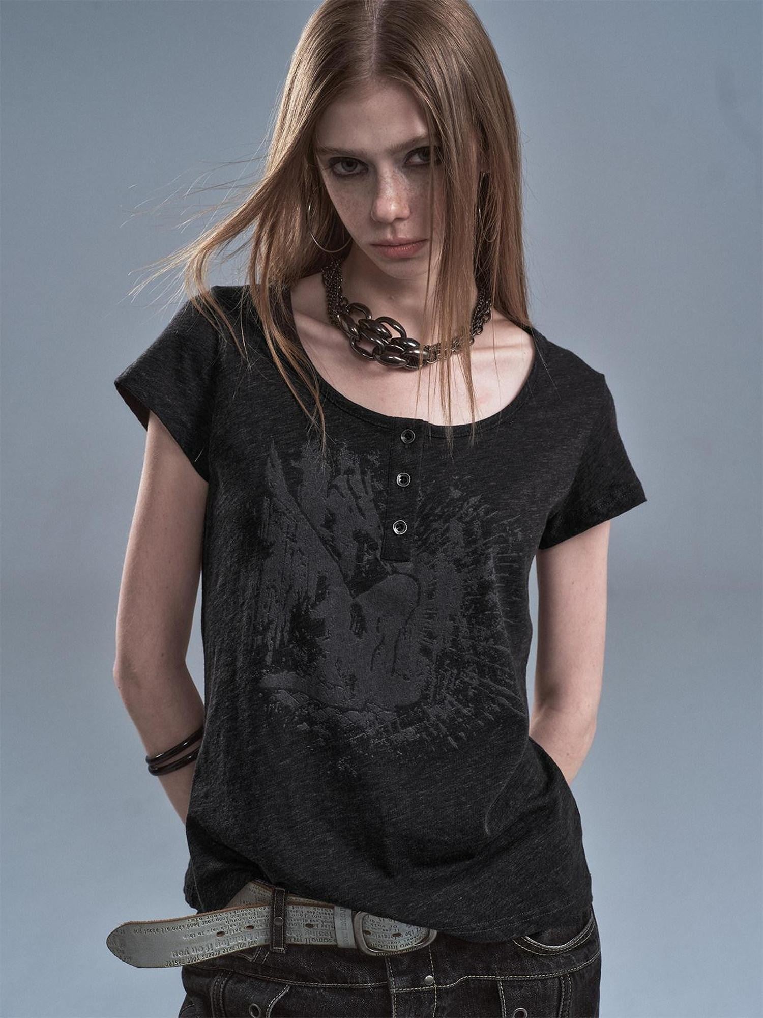 wear And tear Speckled Gray Printed Henley Placket Slim Women&