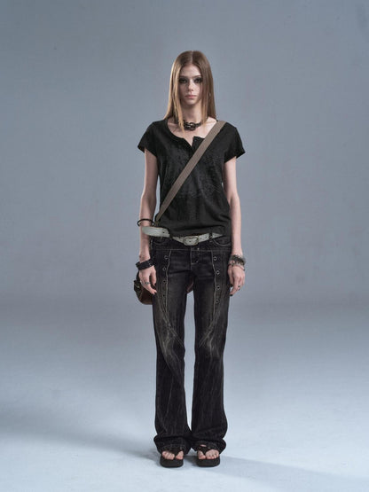 wear And tear Speckled Gray Printed Henley Placket Slim Women&