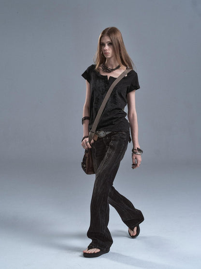 wear And tear Speckled Gray Printed Henley Placket Slim Women&
