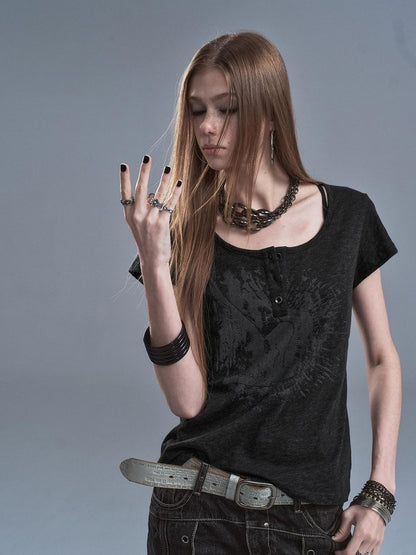 wear And tear Speckled Gray Printed Henley Placket Slim Women&