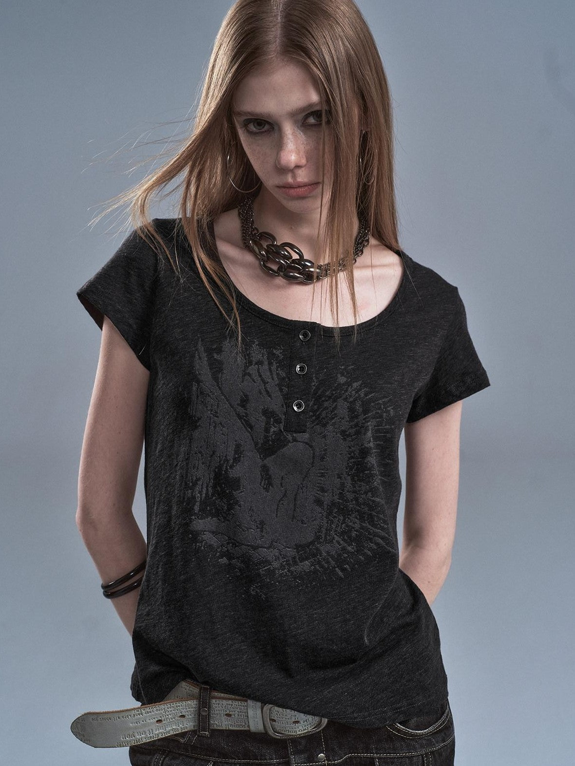 wear And tear Speckled Gray Printed Henley Placket Slim Women&