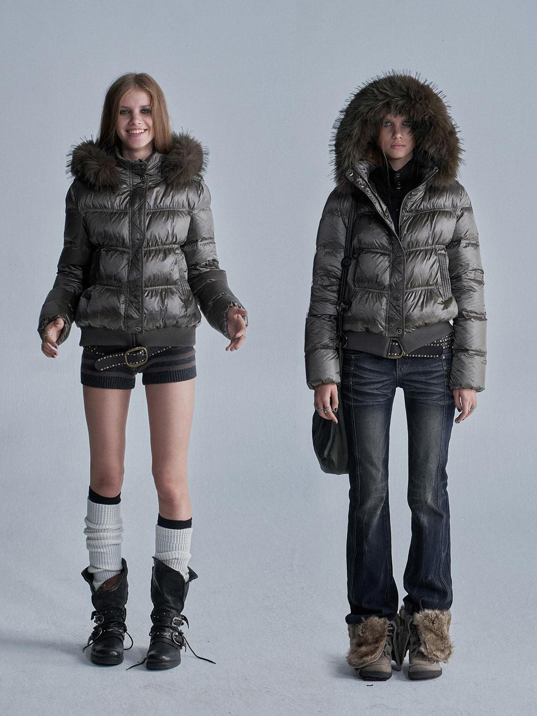 wear And tear Split Ruched Faux Fur Trim Hooded Stand Collar 90 White Duck Down Women&