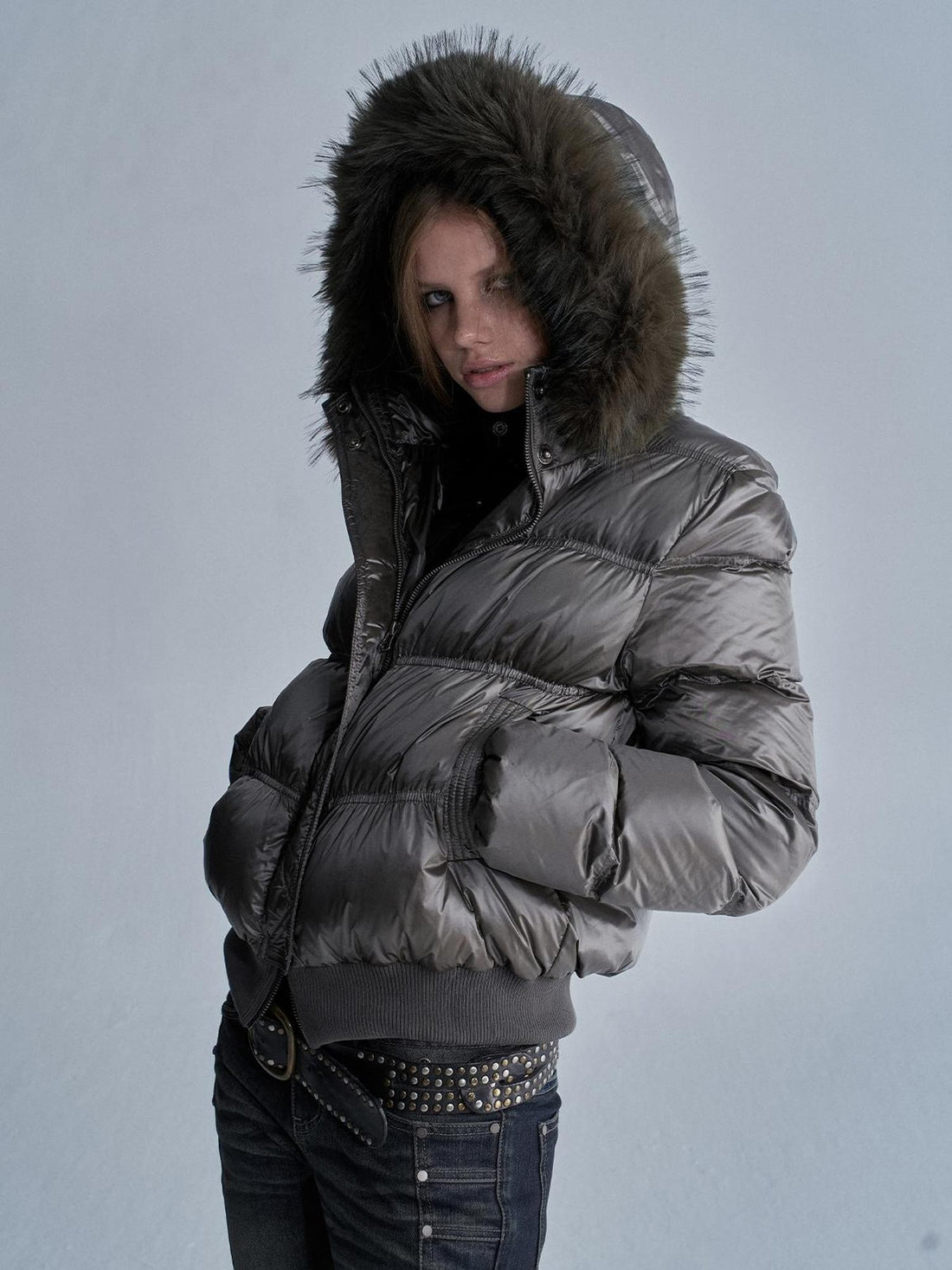 wear And tear Split Ruched Faux Fur Trim Hooded Stand Collar 90 White Duck Down Women&