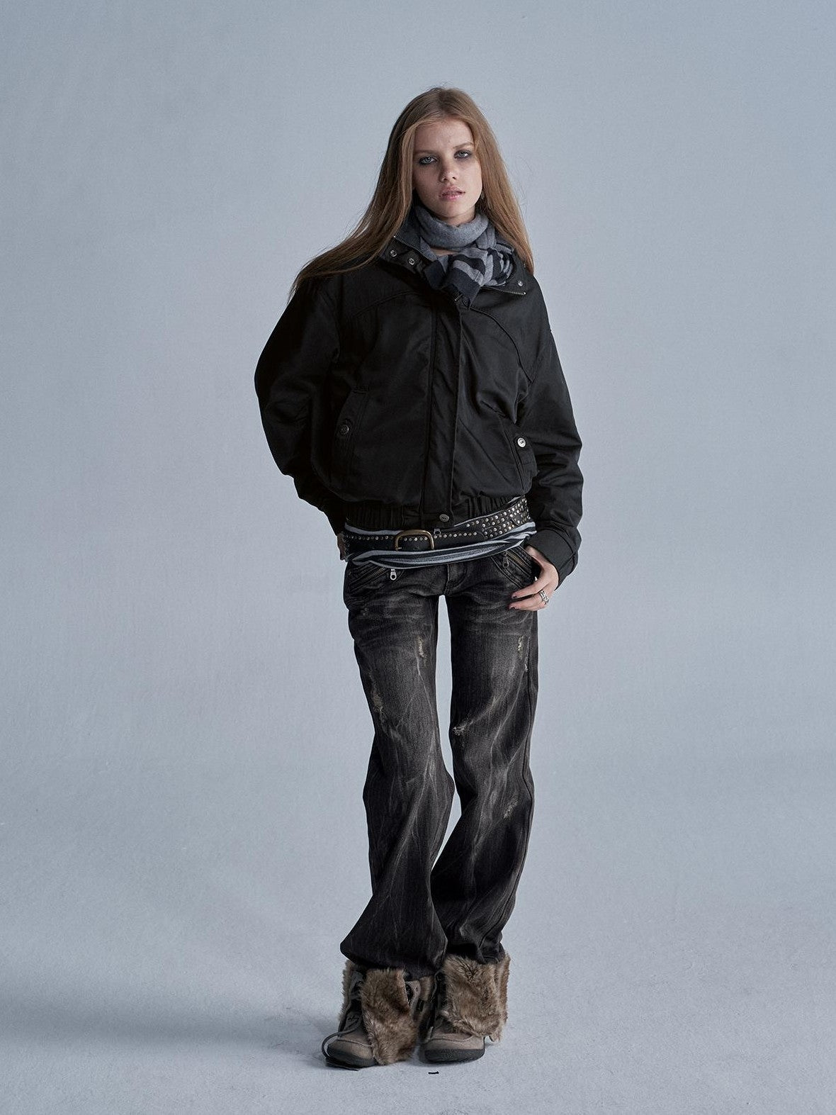 wear And tear Stand Collar Split Pocket Elastic Hem Nylon Fleece Lined Women&