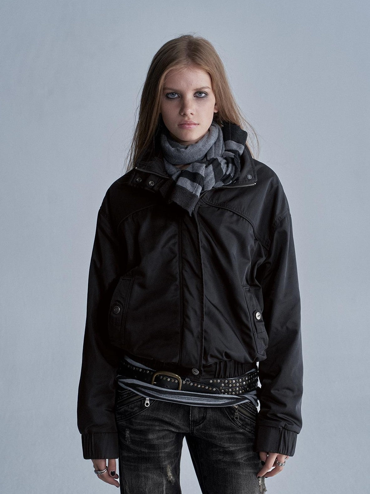 wear And tear Stand Collar Split Pocket Elastic Hem Nylon Fleece Lined Women&