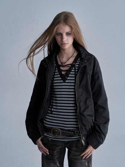 wear And tear Stand Collar Split Pocket Elastic Hem Nylon Fleece Lined Women&