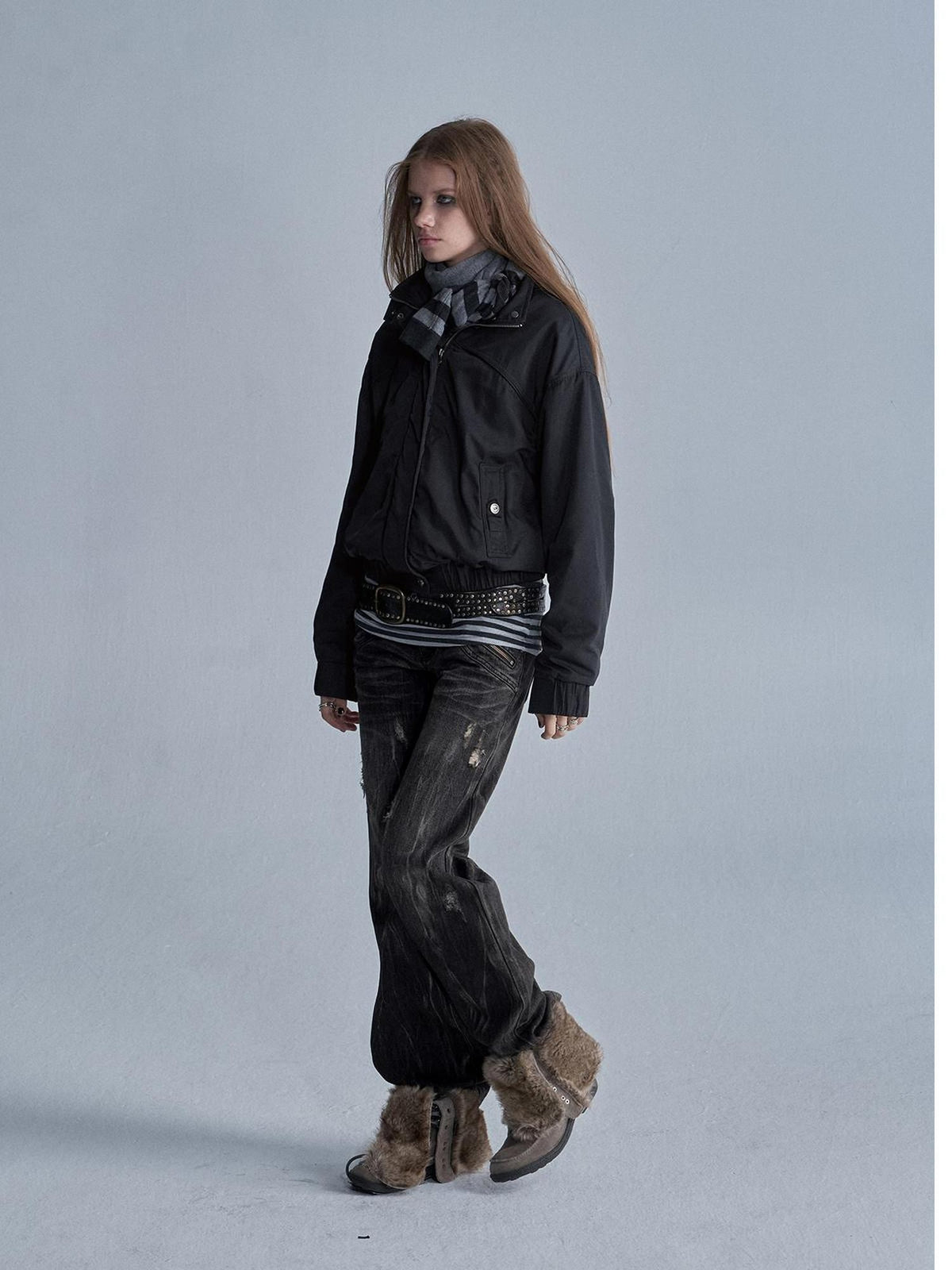 wear And tear Stand Collar Split Pocket Elastic Hem Nylon Fleece Lined Women&