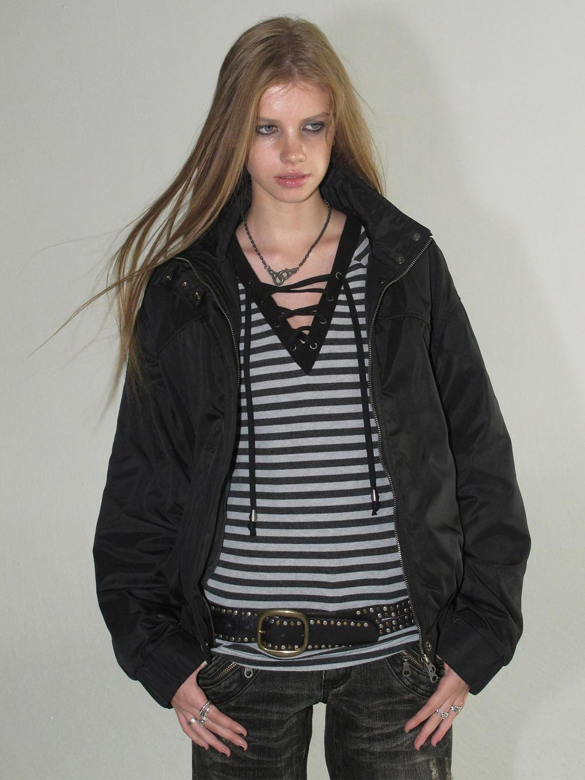 wear And tear Stand Collar Split Pocket Elastic Hem Nylon Fleece Lined Women&