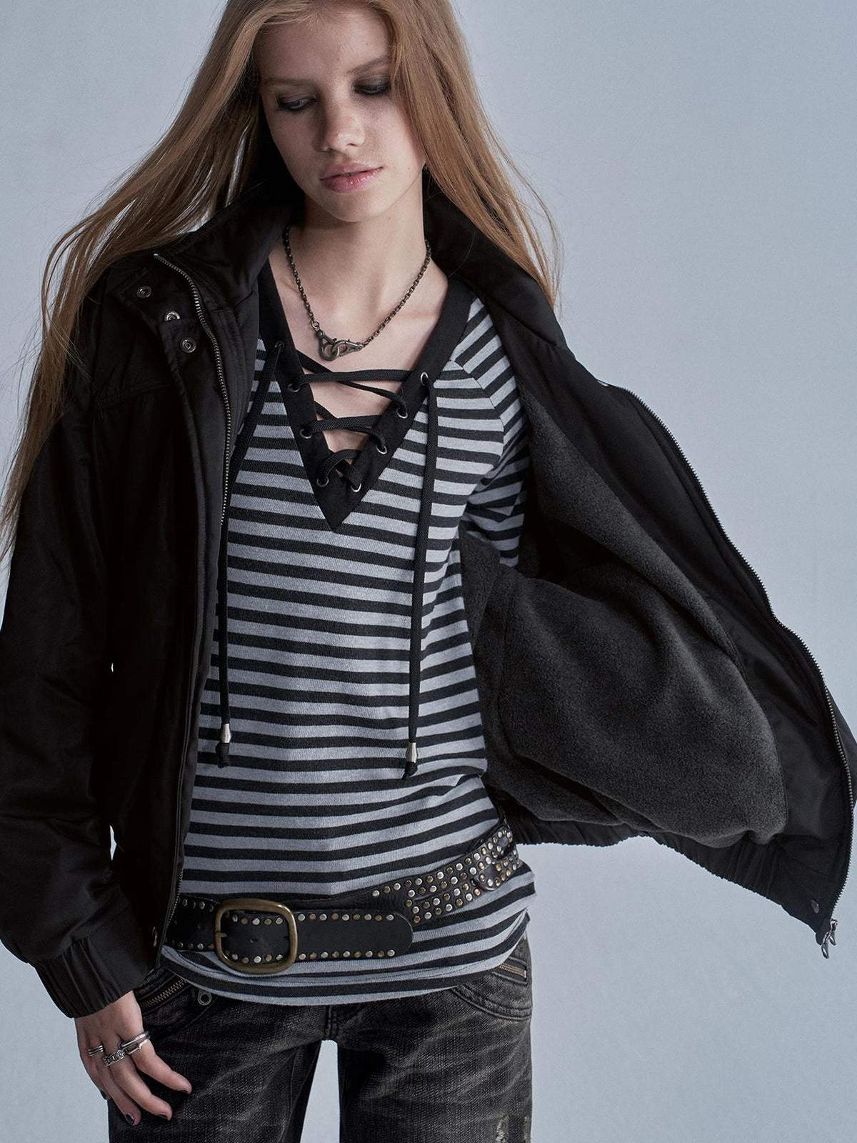 wear And tear Stand Collar Split Pocket Elastic Hem Nylon Fleece Lined Women&