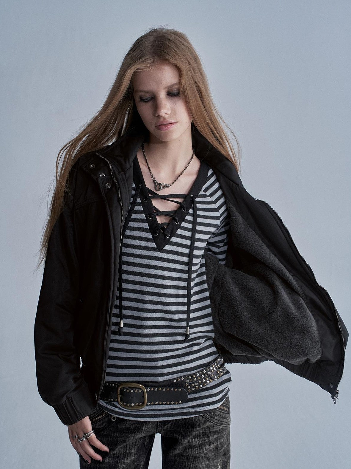 wear And tear Stand Collar Split Pocket Elastic Hem Nylon Fleece Lined Women&