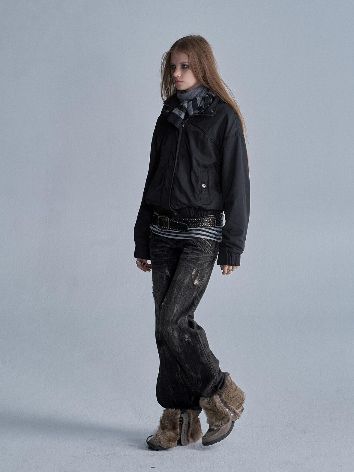 wear And tear Stand Collar Split Pocket Elastic Hem Nylon Fleece Lined Women&