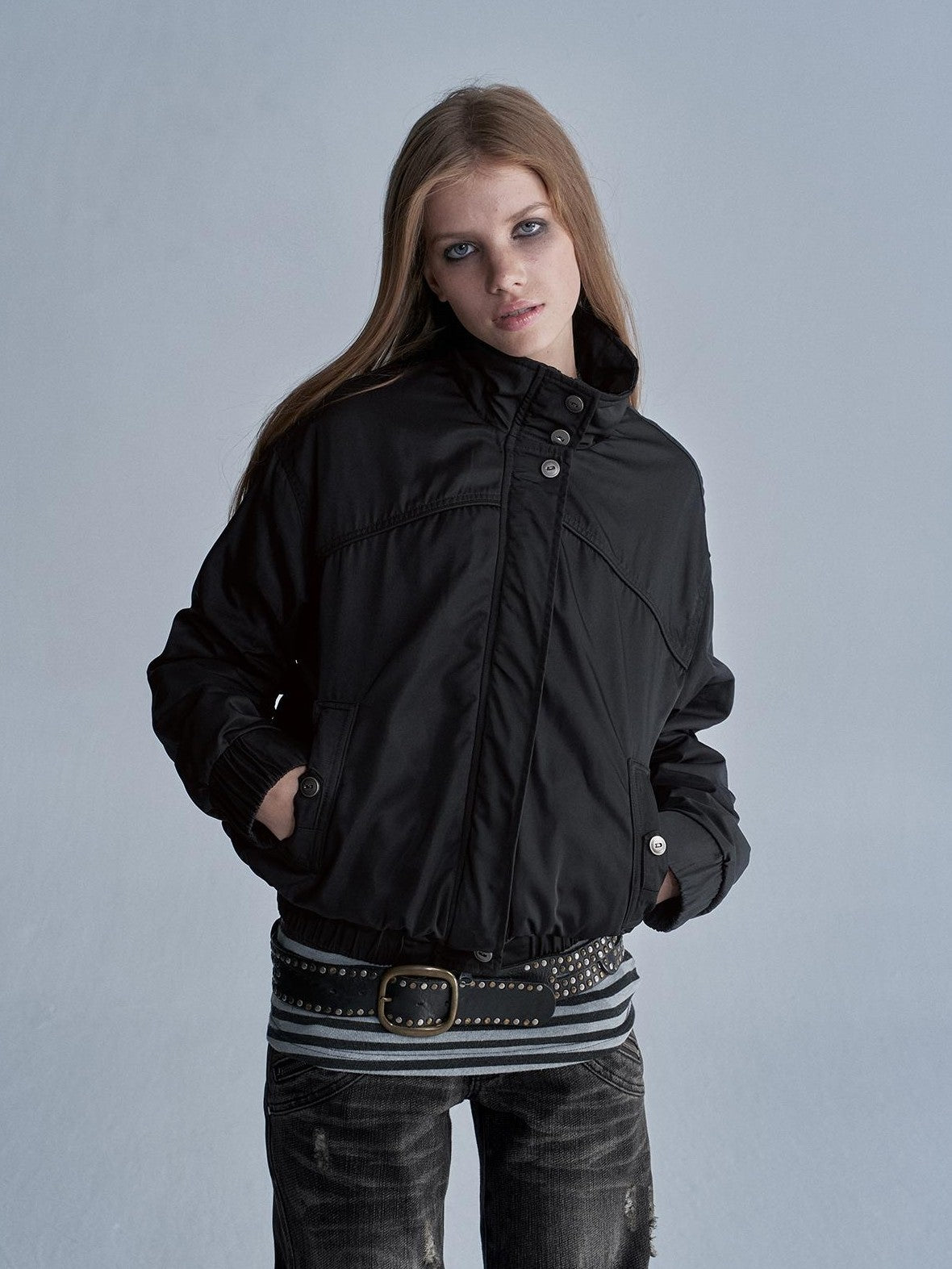 wear And tear Stand Collar Split Pocket Elastic Hem Nylon Fleece Lined Women&