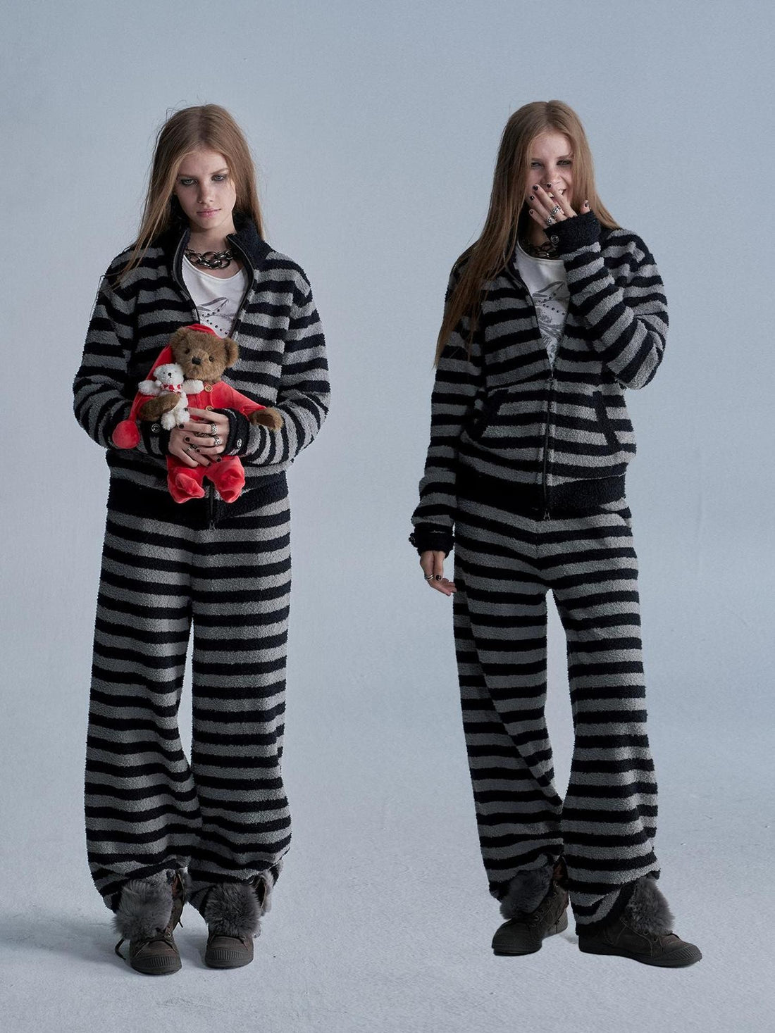 wear And tear Striped Half Fleece Soft Stand Collar Zip Women&