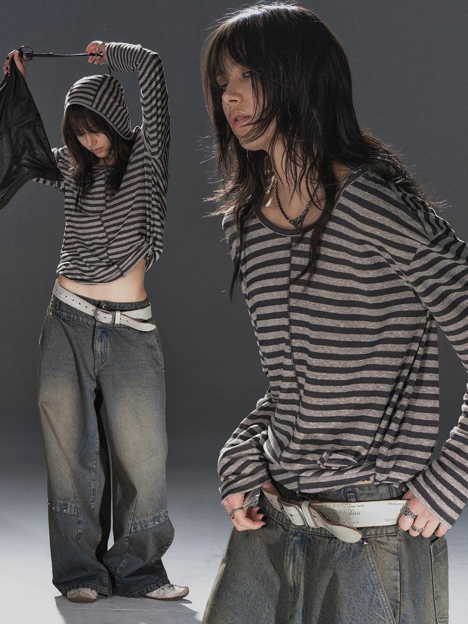 wear And tear Striped Hooded Drawstring Split Punk Women&