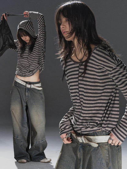 wear And tear Striped Hooded Drawstring Split Punk Women&