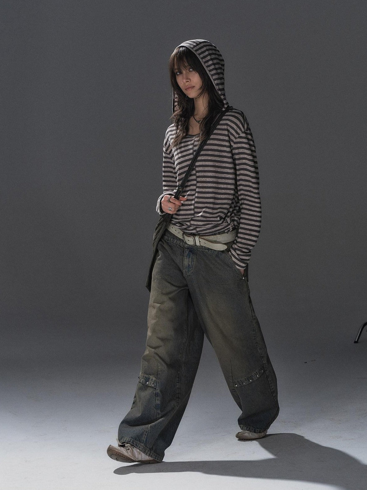wear And tear Striped Hooded Drawstring Split Punk Women&