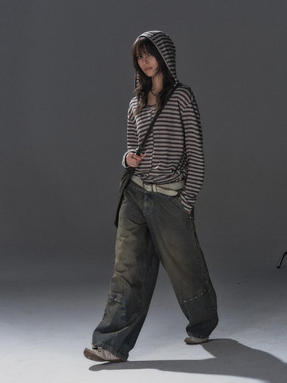 wear And tear Striped Hooded Drawstring Split Punk Women&