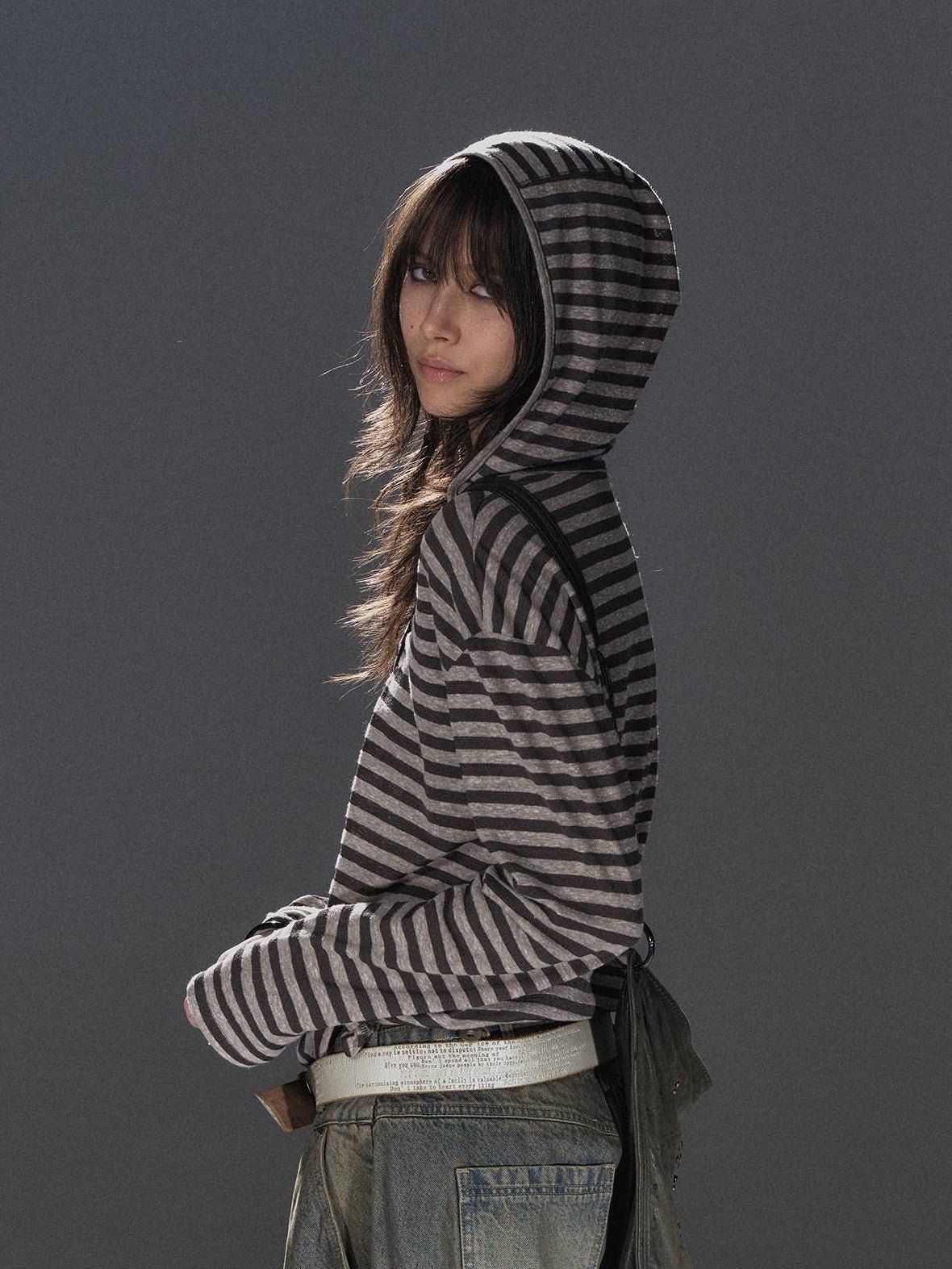 wear And tear Striped Hooded Drawstring Split Punk Women&