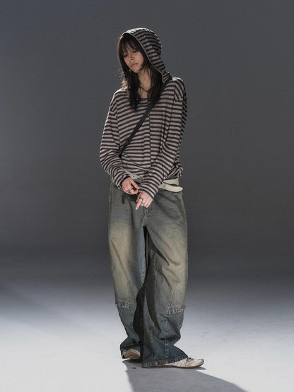 wear And tear Striped Hooded Drawstring Split Punk Women&