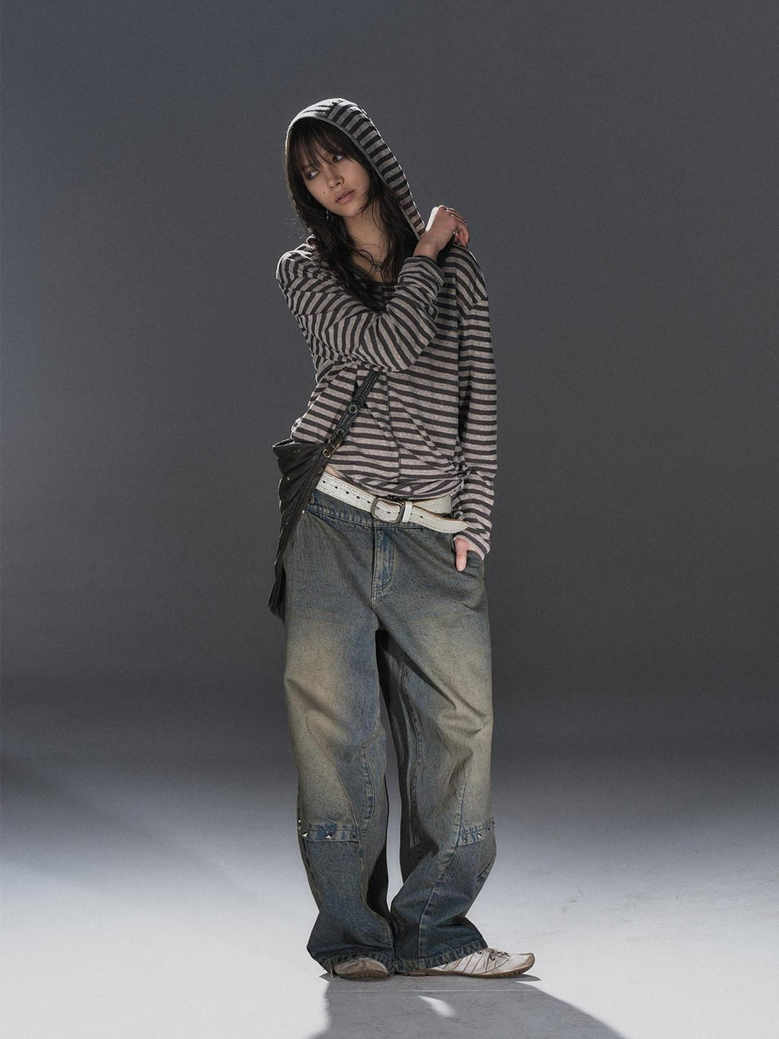 wear And tear Striped Hooded Drawstring Split Punk Women&