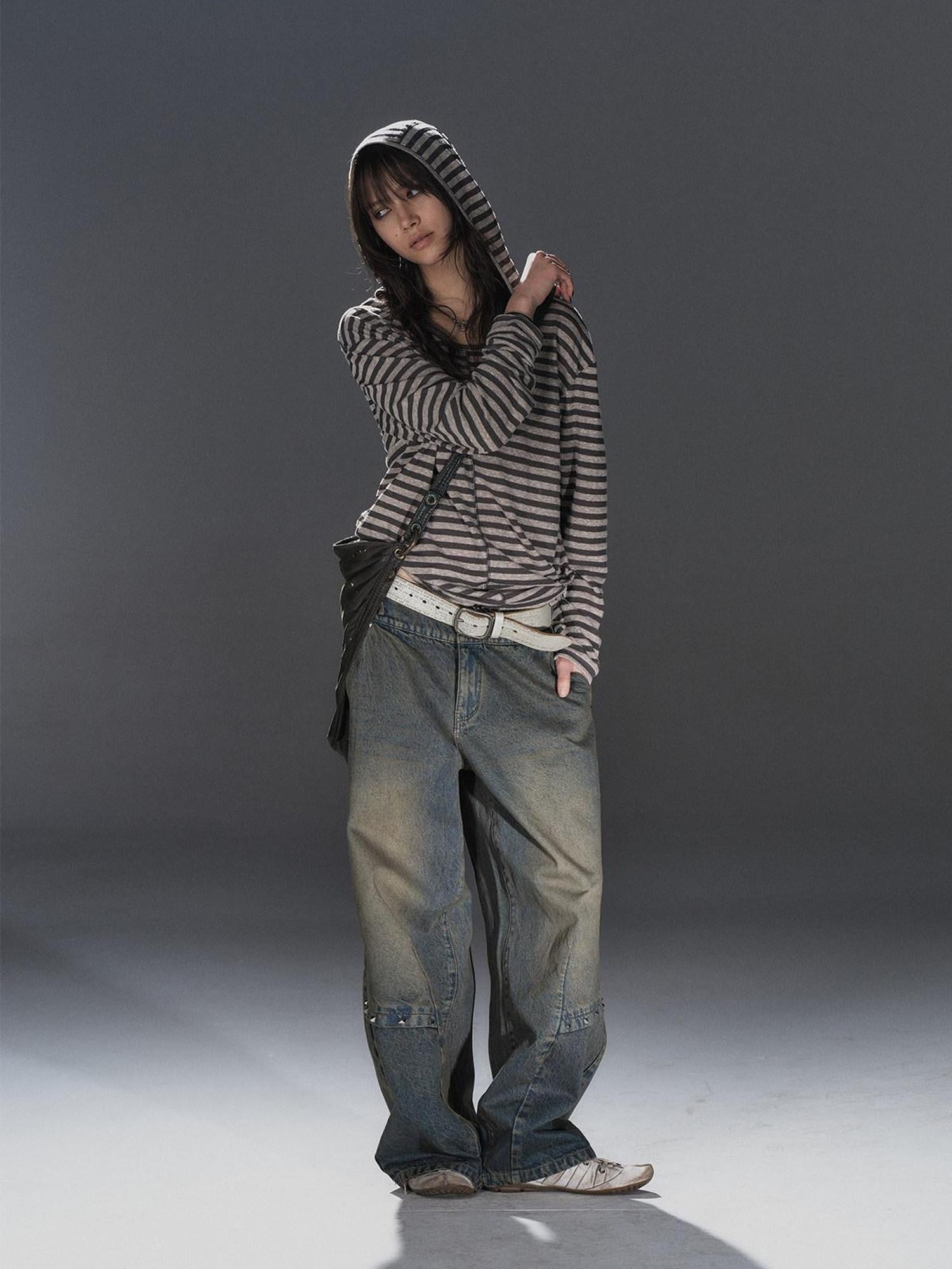 wear And tear Striped Hooded Drawstring Split Punk Women&
