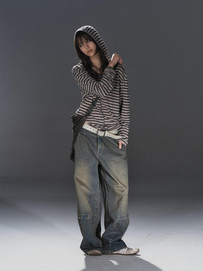 wear And tear Striped Hooded Drawstring Split Punk Women&