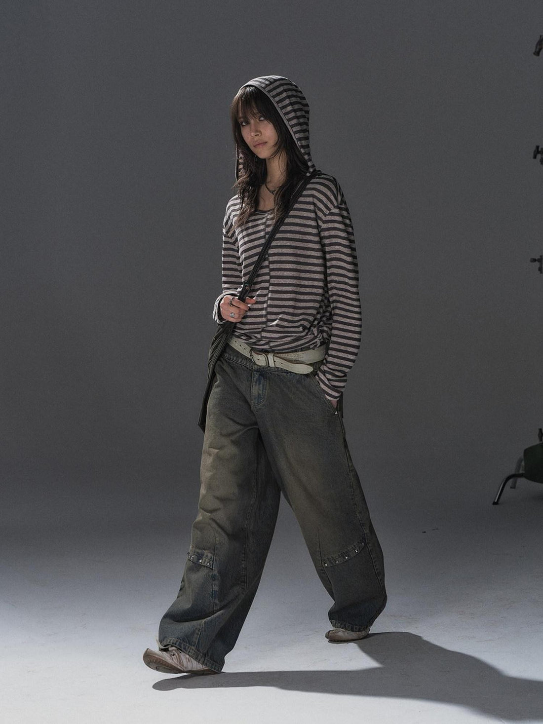wear And tear Striped Hooded Drawstring Split Punk Women&