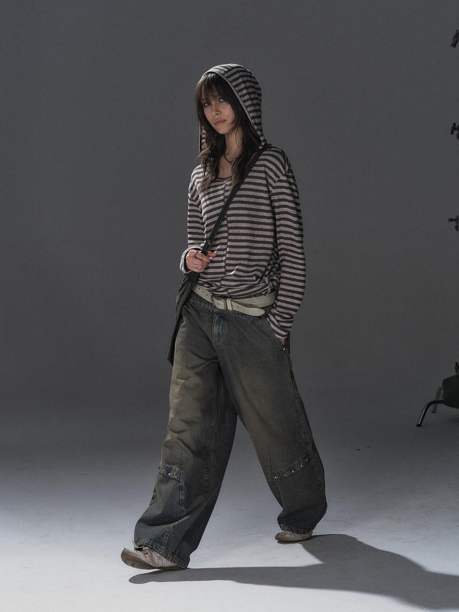 wear And tear Striped Hooded Drawstring Split Punk Women&