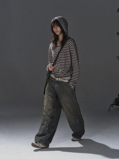 wear And tear Striped Hooded Drawstring Split Punk Women&