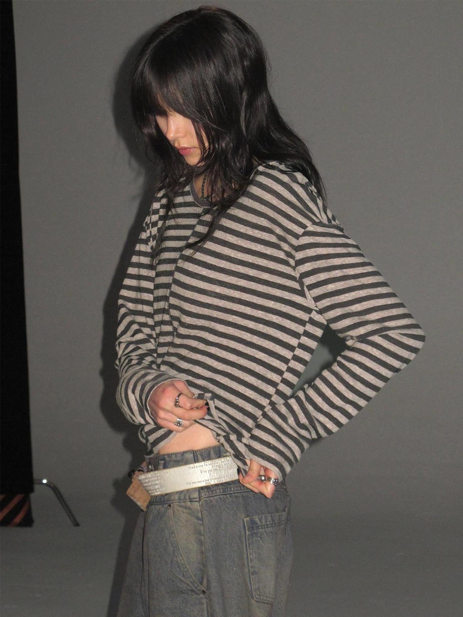 wear And tear Striped Hooded Drawstring Split Punk Women&
