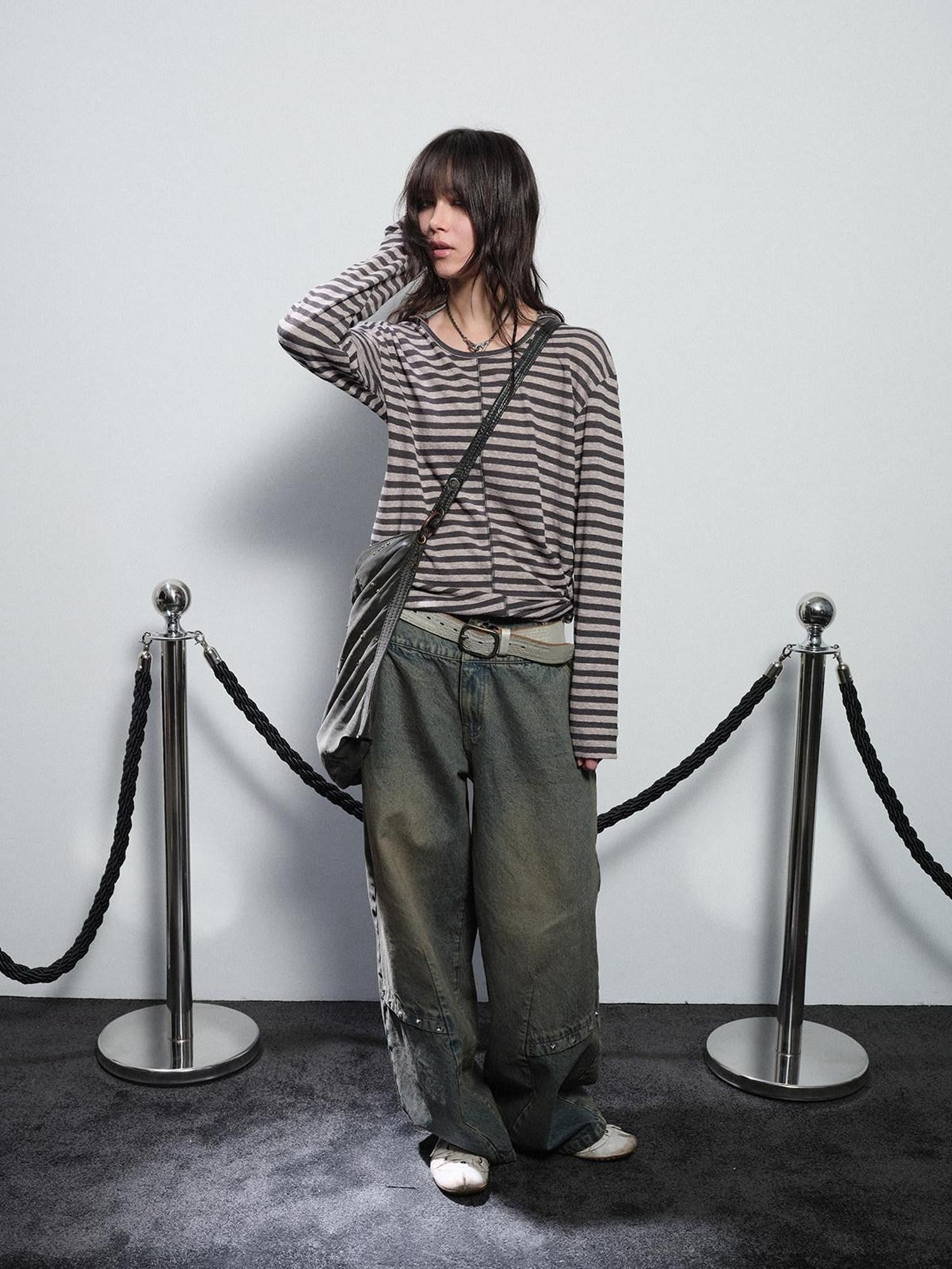 wear And tear Striped Hooded Drawstring Split Punk Women&