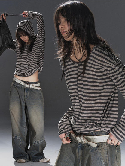 wear And tear Striped Hooded Drawstring Split Punk Women&