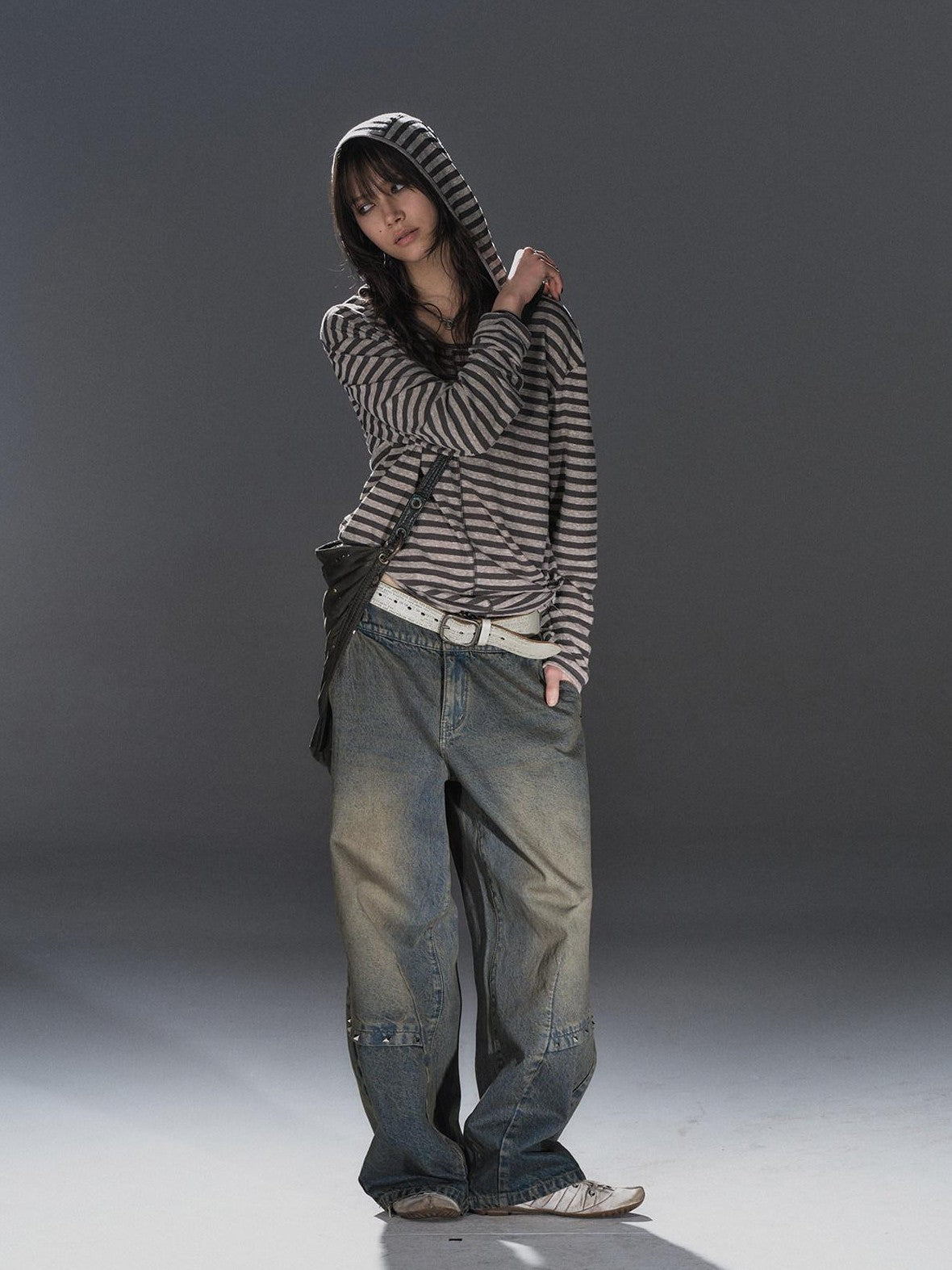 wear And tear Striped Hooded Drawstring Split Punk Women&