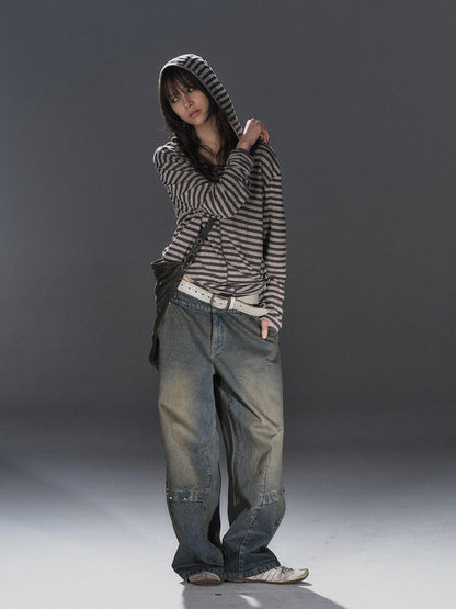 wear And tear Striped Hooded Drawstring Split Punk Women&