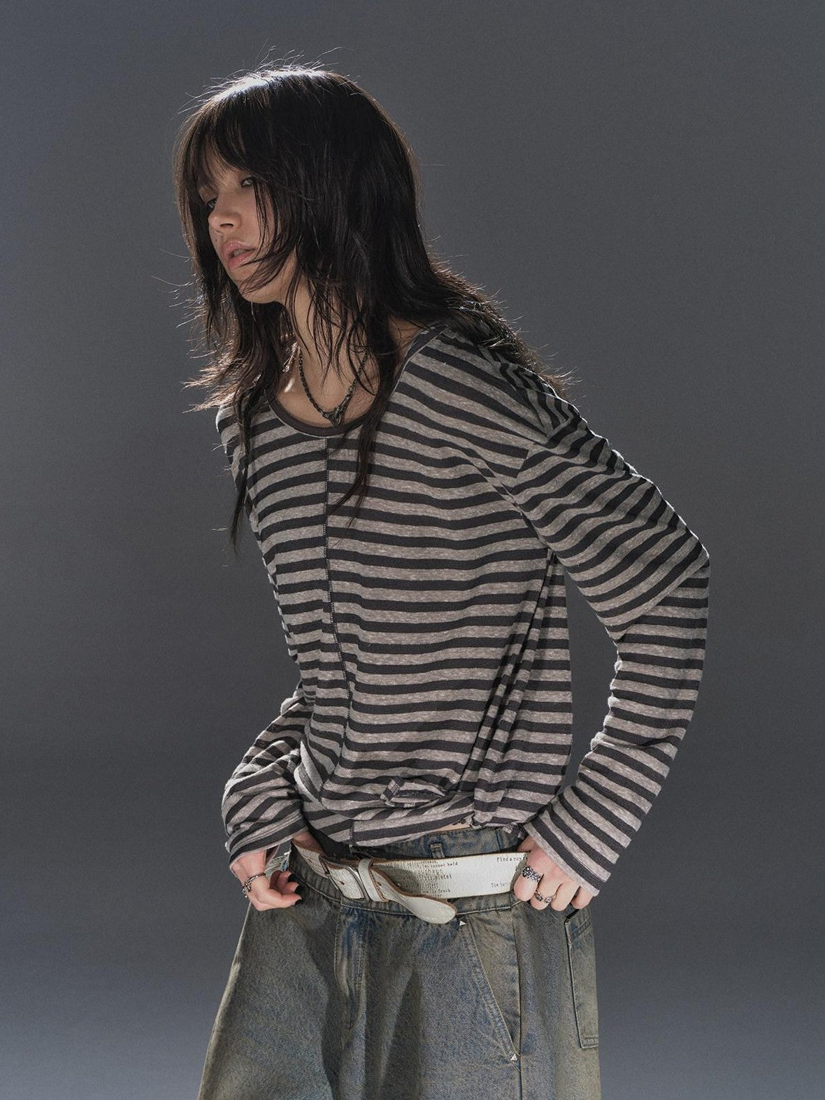 wear And tear Striped Hooded Drawstring Split Punk Women&